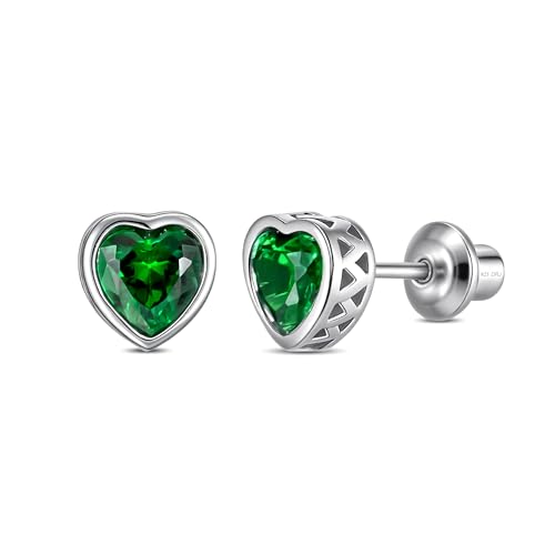 Heart Birthstone Earrings with Screw Backs | Hypoallergenic Sterling Silver Studs for Girls, Babies, Kids & Teens | Safe Jewelry Gift for Birthdays & Holidays