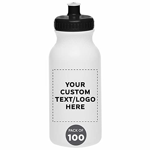 DISCOUNT PROMOS Custom White Water Bottles with Push Cap -100 pack, Customizable Text, Logo, 20 oz, Reusable BPA FREE Squeezable Bottles in Bulk, White Black