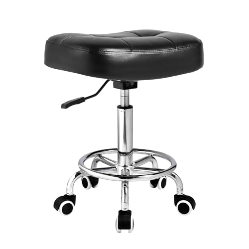 Image of Rolling Stool Wider Rectangular Cushion - Provides a Comfortable, Stable Support Surface with Loop Footrest for Leg Support, Adjustable Stool with Wheels for Salon Tattoo Massage Office Home (Black)