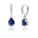 Weviway Silver Sapphire Drop Earrings, Teardrop Crystal Hoop Dangle, September Birthstone, Blue, Jewellery for Gifts