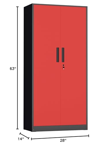 Image of INTERGREAT Metal Storage Cabinet with Lock, 63 inch H Metal Cabinets Storage with 2 Doors and 4 Adjustable Shelves, Locking Garage Cabinet for Home Office, Kitchen, Bathroom (Black Red)