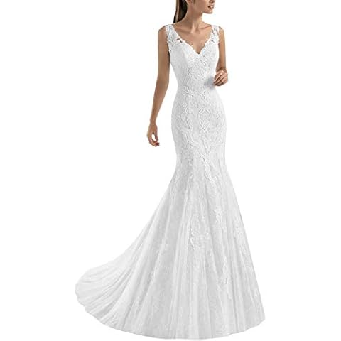 HUINI Brautkleider Spitze Prinzessin Hochzeitskleider Meerjungfrau Lang mit Schleppe Ärmellos Abendkleider V-Ausschnitt Weiß 34 Cover