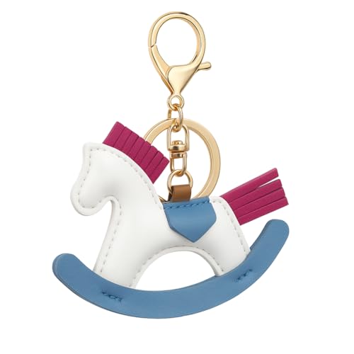 Porte-Clés Cheval – Porte-Clé Cheval Jouet Rouge Breloque de Sac pour Femme avec Crinière à Pompon Bleu Clair & Base à Bascule Jaune, Cadeaux...