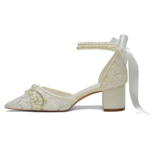 Block Heel Wedding Shoes for Bride Pointed Toe Lace Pearl Bridal Heels4