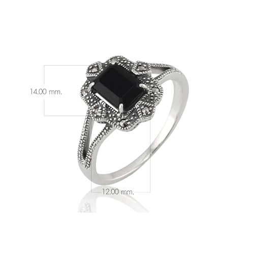 Image of Gemondo USA Sterling Silver 925 7x5mm Octagon Black Spinel & Marcasite Art Deco Inspired Statement Ring
