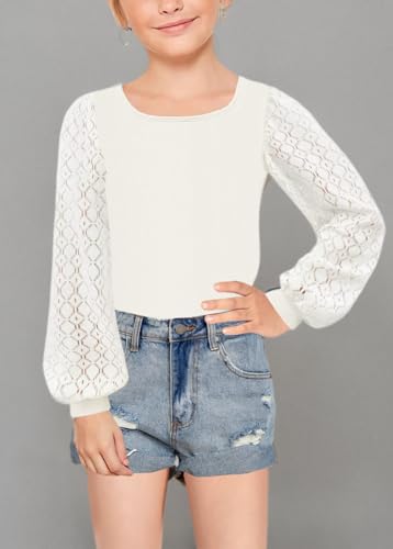 Image of Geckatte Girls Long Sleeve Shirts Square Neck Ribbed Blouse Lace Tops | Casual, Solid, Kids Cute Lace Puff Sleeve Tees, Lantern Long Sleeve, Ribbed Knit T Shirts, 5-14 Years
