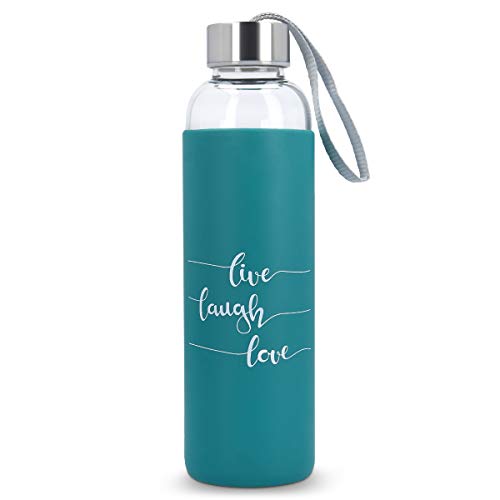 Navaris Botella de Agua de Vidrio Reutilizable - Cantimplora de borosilicato con Funda de Silicona - Botellín de Cristal sin BPA - Live Laugh Love