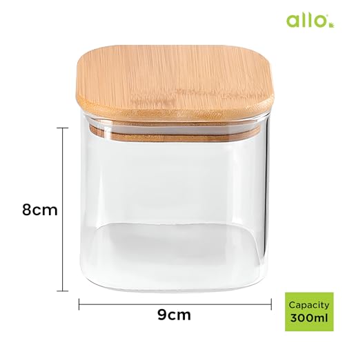 Image of Allo 300ML Kitchen Storage Box Glass Jars With Wooden Lids - Borosilicate Glass Food Storage Containers Airtight Glass Jar For Tea, Coffee, Spice, Pulses, Masala (Square Glass Jar - Set of 2)
