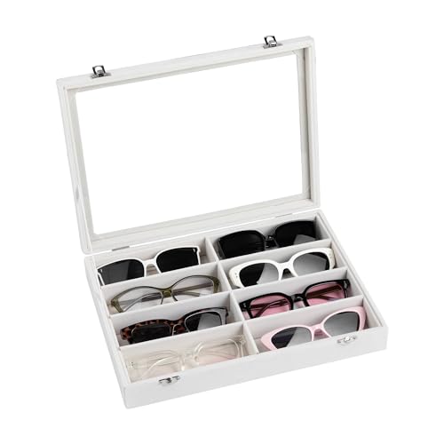 Frebeauty Caja para guardar gafas de sol, bandeja para gafas de sol de 11 ranuras con tapa transparente, unisex(Blanco)
