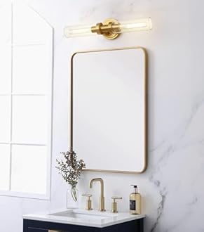 Brushed Gold Bathroom Vanity Light Fixture, 2-Light Modern Wall Sconce Lighting W/Clear Glass, Brass Wall Mount Lamp for Mirror Hallway Kitchen Living Room, E26 T10 Bulbs(Excluded)