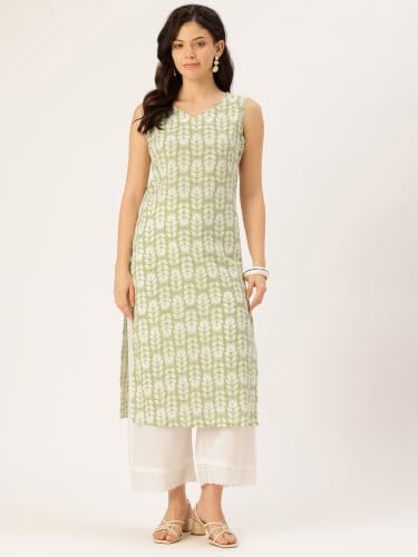 Image of feranoid Women's Pure Cotton Floral Print Straight Kurti | Elegant Curved V-Neck | Sleeveless Calf-Length Ethnic Wear | Comfortable Regular Fit | Sizes XS-XXL