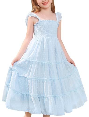FYMNSI Toddler Girls Dress Spring Summer Flutter Sleeve Princess Smocked Swiss Dot Flowy Birthday Party Pageant Sun Dress