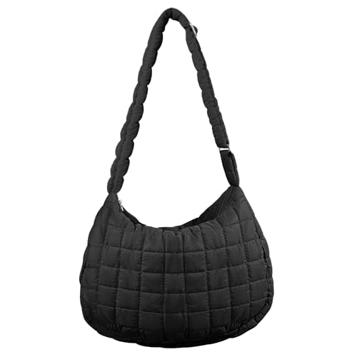 Quilted Puffer Tote Bag Adjustable Shoulder Strap NylonTote Bag Trendy Oversized Shoulder Bag for Women Travel Casual (Black)
