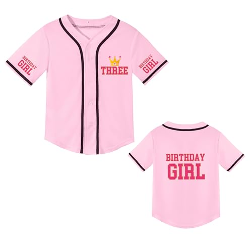Image of Girls Birthday Shirt Birthday Baseball Jersey Toddler First Birthday Outfit Girls Birthday Gifts Age 1-10 (Pink Three,4 Years)