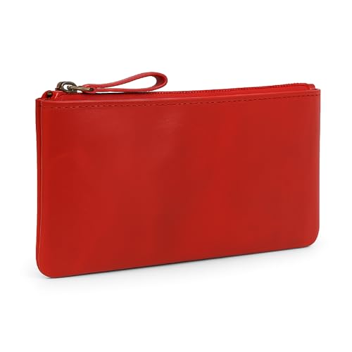 Image of Red Genuine Leather Pencil Case for Men & Women - Small Pen Case (8 inch x 4 inch Inch), Coin Pouch, Cash Holder, Multipurpose Leather Accessory Pouch with Zipper for Pens, Pencil & Currency