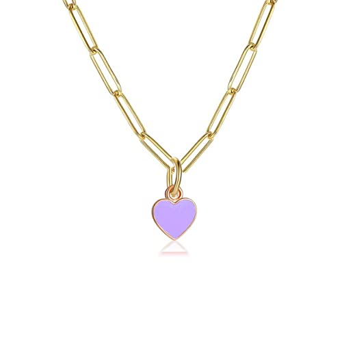 Multicolor Enamel Heart Pendant Paperclip Chain Necklace 14K Gold Plated Drop Oil Peach Lover Heart Stainless Steel Paperclip Chain Collar For Women Girl Cute Dainty Preppy Jewelry-E Purple #TOP21