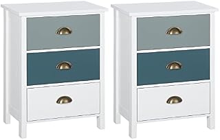 HOMCOM Bedside Table Set of 2 Chest of 3 Drawers Shabby Chic Nightstands with Metal Handle Sofa Side Table for Living Room, Bedroom,Grey and blue