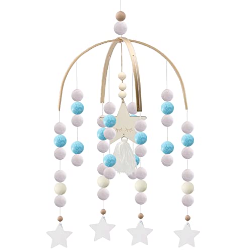 Boho Crib Mobile,Felt Ball Mobile,Handmade Nursery Mobiles,Neutral Baby Crib Mobile,Boho Mobile for Crib,Baby Nursery Mobile for Kids Room Nursery Decor（Blue-Star）