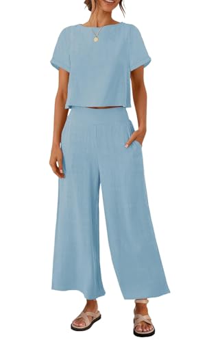 ZESICA Women's 2 Piece Outfits Linen Short Sleeve Crop Top and Wide Leg Pants Lounge Matching Set Tracksuits Trendy Clothes,SkyBlue,Medium