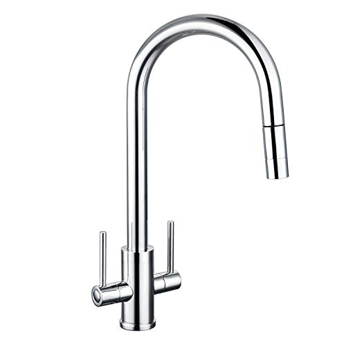 Grifos de cocina con spray extraíble, grifo mezclador de cocina Hapilife de doble palanca para fregadero de cocina con boquilla giratoria de 360 °, pulverizador de doble palanca, cromado Cover