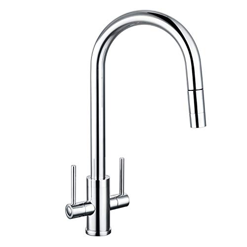 Kitchen Taps with Pull Out Spray, Hapilife Kitchen Mixer Tap Dual Lever High Arc Taps for Kitchen Sink with 360?Swivel Spout Pull Down Sprayer Twin Lever, Chrome