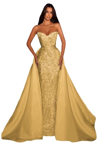 Detachable Train Sequin Prom Dresses for Women Mermaid Sparkly Tulle Open Back Formal Evening Long Ball Gown