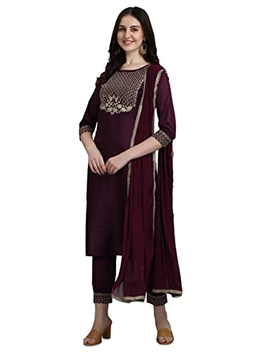 VredeVogel Conjunto de pantalón kurta recto con estampado de rayón y gasa para mujer, Morado 1, 2XL