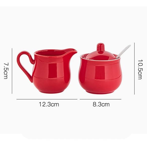 Juego de lechera y azucarero de porcelana 2 piezas con tapa y cuchara | Accesorios de café modernos, for el hogar y la restauración, aptos for lavavajillas.(Red,240ml)