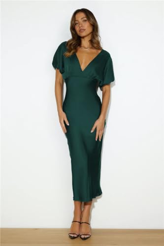 Image of Summer Satin V Neck Puffy Sleeves Empire Waist Midi Dresser Silk Sexy Tie Back Formal Cocktail Dresser for Women Wedding