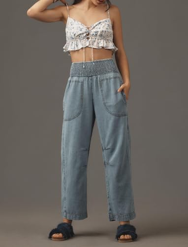 LifeShe Women Wide Leg Baggy Jeans Smocked High Waist Barrel Jean Y2K Boyfriend Denim Pants with Pockets3