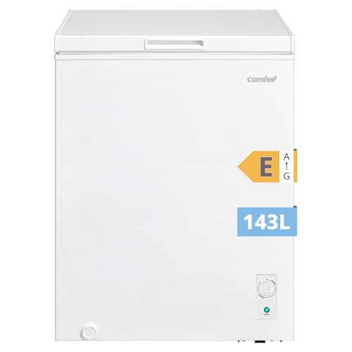 COMFEE' RCC146WH2EU(E) Congélateur coffre autonome 143L convertible congélateur/réfrigérateur, compresseur inverter, 4 étoiles, adapté aux dépendances, garages et abris, blanc [Classe énergétique E]