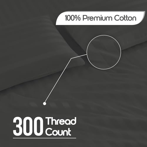 Image of LINENWALAS Cotton 300 Thread Count Double Size Bedsheet Set | 2 cm Sateen Stripe Design | Cloud-Soft, Breathable & Skin-Safe | Oeko-TEX Certified Hotel-Style Bedding (90 x 100, Dark Grey)