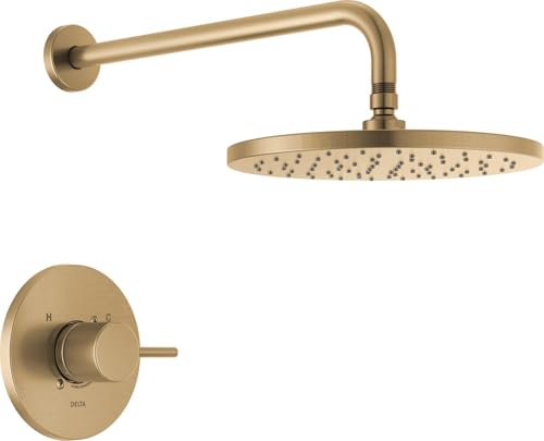 Delta Modern 14 Series Round Rain Shower Faucet Set, Brushed Gold Shower Head and Handle Set, Valve...