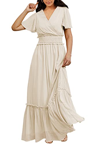 Simplee Women's Wedding Guest Maternity Maxi Formal Dress Bridesmaid Casual Boho Flowy Wrap Dress Short Sleeve V Neck High Waist Ruffled Chiffon Dress (Large Beige) #TOP22