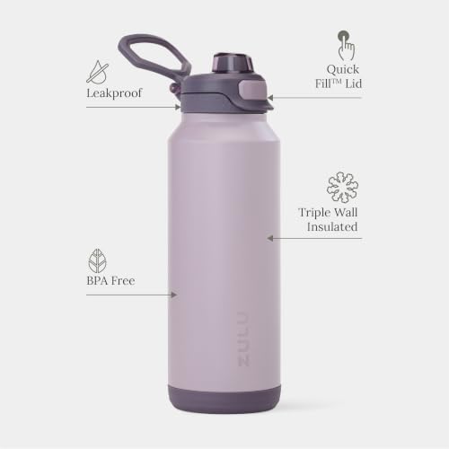 Image of ZULU Powerfill Pro 40oz Stainless Steel Water Bottle with Quick Fill Lid, Triple Walled Vacuum Insulated Metal, Leak Proof Locking Lid, Sip and Chug, Reusable BPA Free, Amethyst