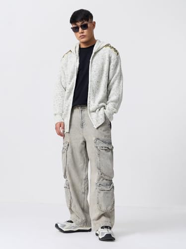 Image of The Souled Store Souled Originals: Cookies & Cream Men and Boys Full Sleeves Hooded Spread Collar Off White Graphic Applique Acrylic Blend Oversized Fit Zip-Up Knitted Sweater