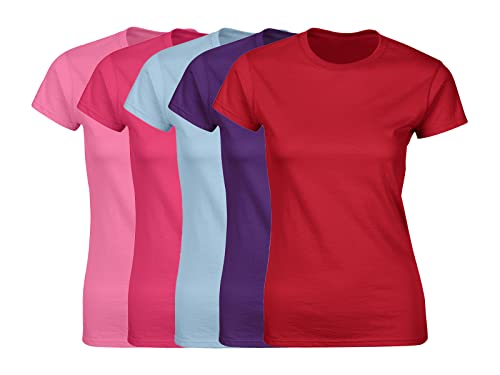 COOZO Women’s Soft Ringspun Cotton T-Shirts – Pack of 5 Plain, Feminine-Fit, Short Sleeve Basics
