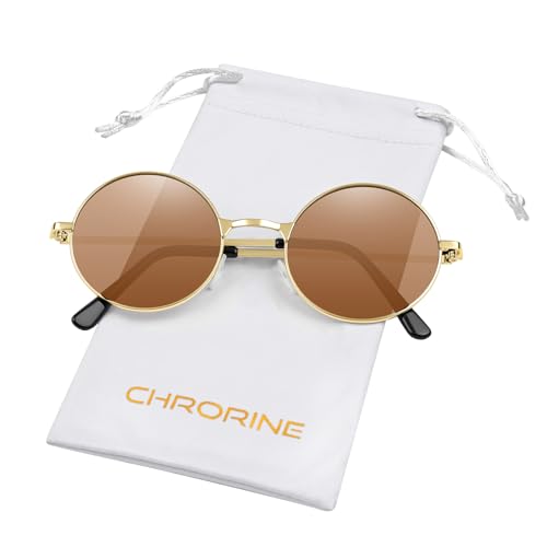 CHRORINE CHORINE Hippie Sonnenbrille Rund Retro Stil der 70er Jahre für Damen und Herren Party Accessoire Festival Mode Vintage Sonnenbrille (Goldenes Gestell Braune Gläser)