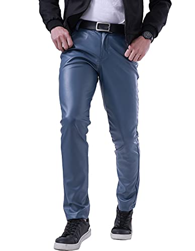 Men`s Summer Business Thin Slim Fit PU Dress Faux Leather Pants Jeans Blue/40