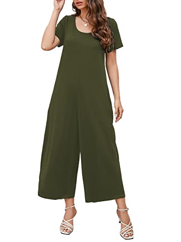 Btaiuo Womens Summer Loose Casual Romper Long Pants Fashion Short Sleeve Crewneck Jumpsuit With Pockets Large Army Green #TOP1