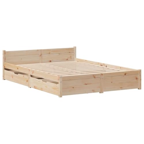 vidaXL Cadre de lit avec tiroirs 140x190 cm Bois de pin Massif, sommier, Cadre de lit Double, Cadre de lit en Bois Massif, Meuble de Chambre à Coucher