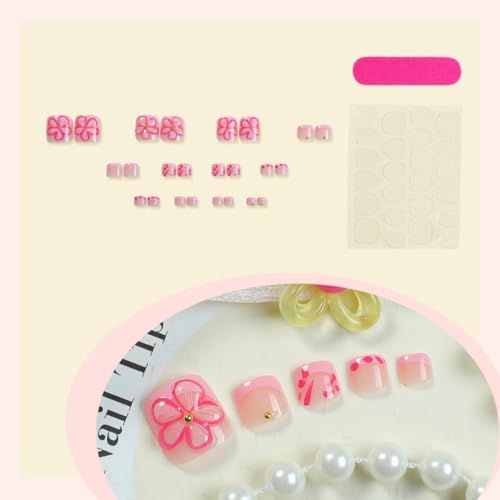 Image of Flower Toenails Press ons Pink French Tip Fake Toenails Short Square Stick on Toe Nail with Rhinestone Design Glossy Full Cover Spring Summer Press on Toe Nails for Women Manicure 24Pcs