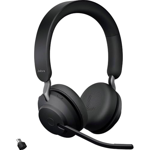 Jabra Evolve2 65 Wireless PC Headset Noise Cancelling UC Certified Stereo Headphones With Long-Lasting Battery USB-C Bluetooth Adapter Black