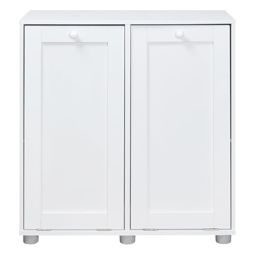 spot on dealz Free Standing Bathroom Cabinet with 2 Foldable Laundry Baskets - Slim White Sideboard Space-Saving Storage Furniture for Laundry Bathroom & Utility Rooms