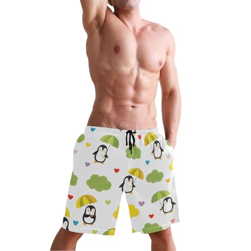 Men's Swim Trunks Quick Dry Swimming Shorts with Pocket Cute Penguins with Umbrellas Pattern Swimsuit Trunks4