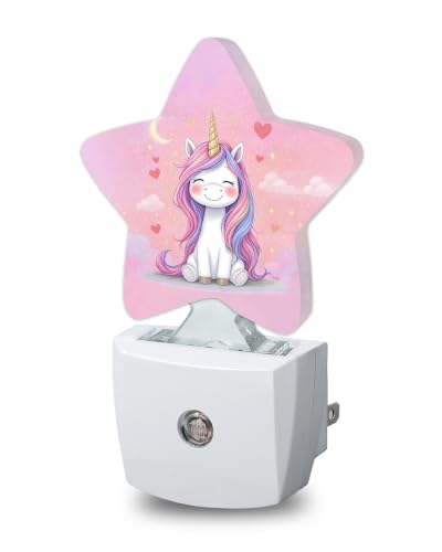 Image of Star Night Light Plug in, Pink Unicorn Dusk to Dawn Sensor Night Light, Soft Glow Lamp for Kids Bedroom Nursery Hallway Bathroom, Energy Saving Compact Design
