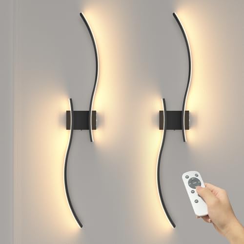 Image of NIORSUN 39.4 Inch Battery Operated Wall Sconce Set of 2, Black Modern Rechargeable Wall Lights with Remote, 3CCT Dimmable Wireless Wall Lamp for Living Room Bedroom Hallway