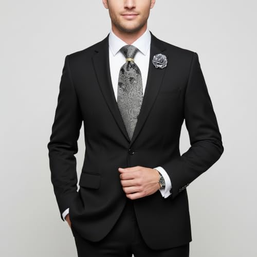 Image of 5PCS Tie and Pocket Square for Men, Silk Necktie and Handkerchief Cufflinks with Gold Ring and Lapel Pin Set