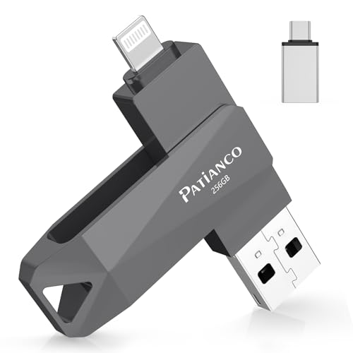 Pendrive para iPhone 256GB,[MFi Certificado] Patianco Memoria Externa USB C para iPad 3 en1 Flash Drive Externa Storage Ptotostick Lightning para OTG Android Smartphone Tablet Mac PC iOS(Nergo)