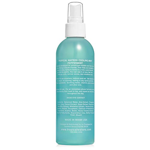 Tropical Waters Face Mist Peppermint Cooling Spray Mist, MADE IN USA Long Lasting, Hydrating, Moisture Mist, Hot Flashes, Body Cool Down Spray, Aloe, Herbs, Mints (Peppermint) 8oz